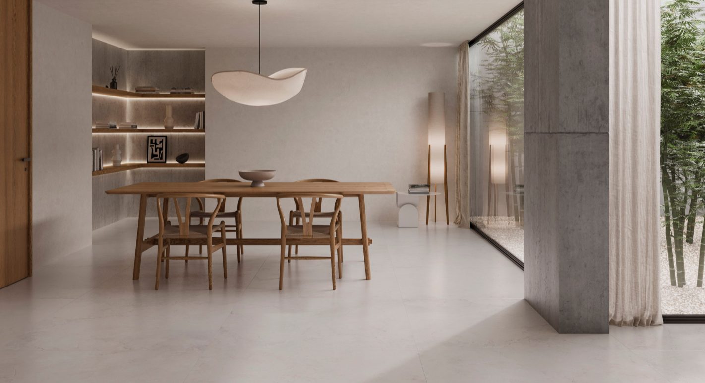 Collection Fanal — sol porcelaine grand format clair, séjour contemporain